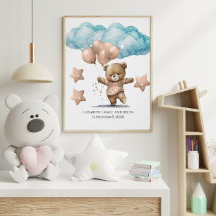 Geburtsstatistik Rosa Babybär Wolken Kinderzimmer  Poster