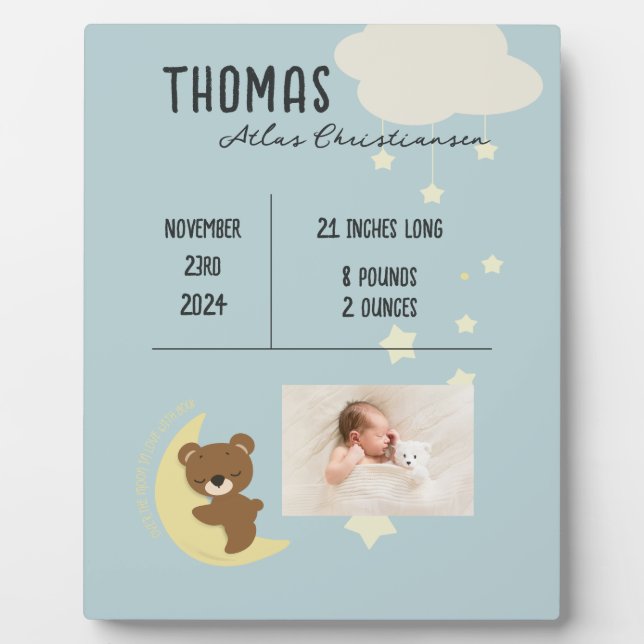 Geburtsstats Baby Bear Dusche Plaque Schild Fotoplatte (Vorderseite)