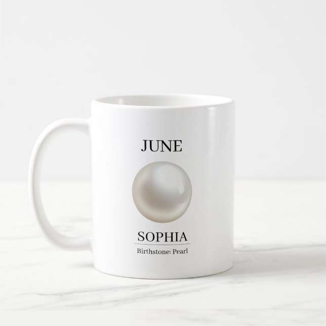 Geburtsstein-Geburtstagsname Perle Juni Kaffeetasse (Links)