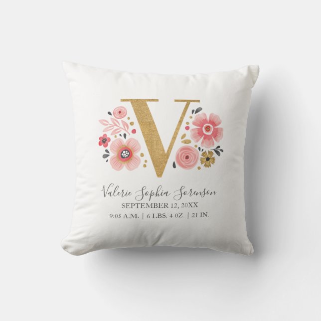 Geburtsstunde Letter V Pink Floral Monogram Initia Kissen (Vorderseite)