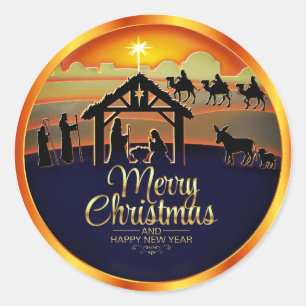 Geburtsszene Silhouette "Frohe Weihnachten" Runder Aufkleber