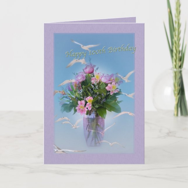 Geburtstag, 100., Blume und Vögel Karte (Vorderseite)