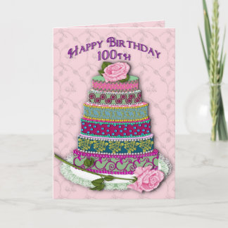 GEBURTSTAG - 100. - ROSEN AUF VERZIERTEM KUCHEN KARTE