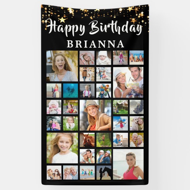 Geburtstag 33 Foto Collage Black Gold Stars Banner (Vertikal)