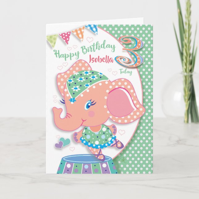 Geburtstag 3. Lebensjahr, Ella Ballerina Elephant Karte (Vorderseite)