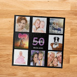 Geburtstag, 50 Foto Schwarze<br><div class="desc">Ein Geschenk für den 50. (oder jedes Alter) Geburtstag einer Frau,  die ihr Leben mit einer Collage von 8 Ihrer Fotos feiert. Vorlagen für einen Namen,  50 Jahre und ein Datum. Geburtsdatum oder das Datum des Jahrestages. Lila und weiße Buchstaben. Chic schwarze Hintergrundfarbe.</div>