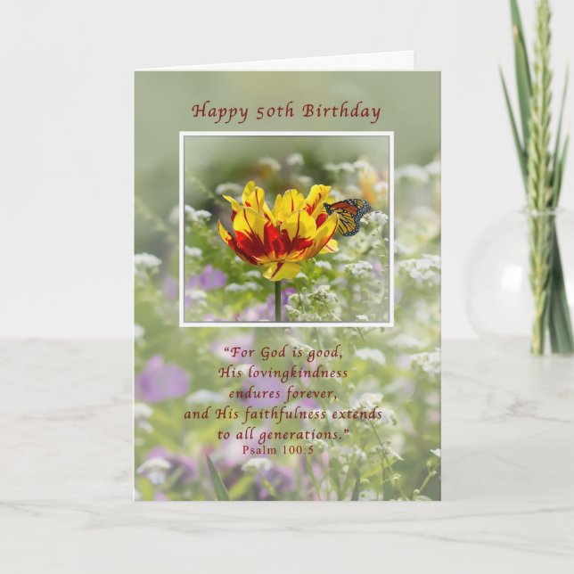 Geburtstag, 50., Tulip und Butterfly, Religious Karte (Vorderseite)