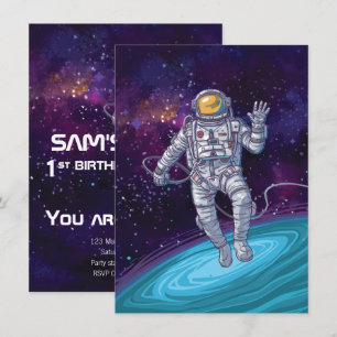 Geburtstag. Astronaut im Weltraum mit Sternen & Ga Einladung