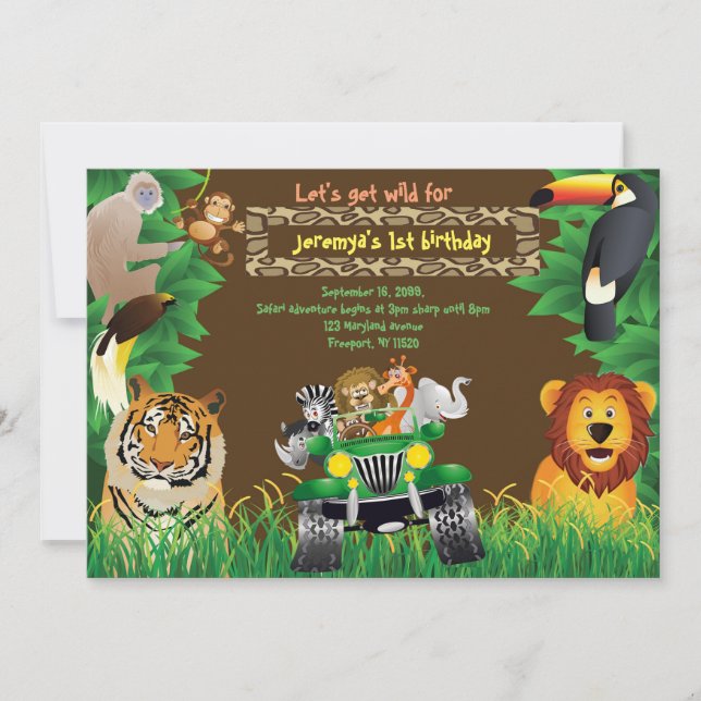 Geburtstag Baby, Safari Geburtstag, Dschungeltiere Einladung (Vorderseite)