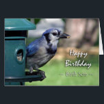 Geburtstag: Birth Son Blue Jay auf Vogeleinzug<br><div class="desc">Auf dieser Geburtstagskarte steht eine Blue Jay an einem Vogelfeeder für einen Geburtstag. Tolle Karte für den Vogelbeobachter in deinem Leben. Bild und Vers Copyright © Shoaff Ballanger Studios.</div>