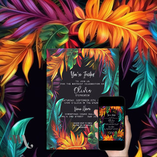 Geburtstag | Bold Neon Tropical Foliage Einladung