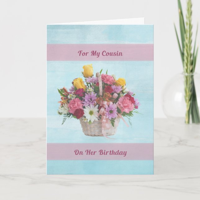 Geburtstag, Cousin, bunte Blumen in einem Korb Karte (Vorderseite)