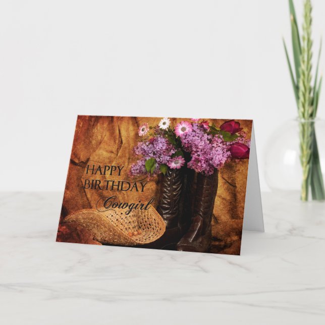 Geburtstag - Cowgirl - Stiefel und Blume Karte (Vorderseite)