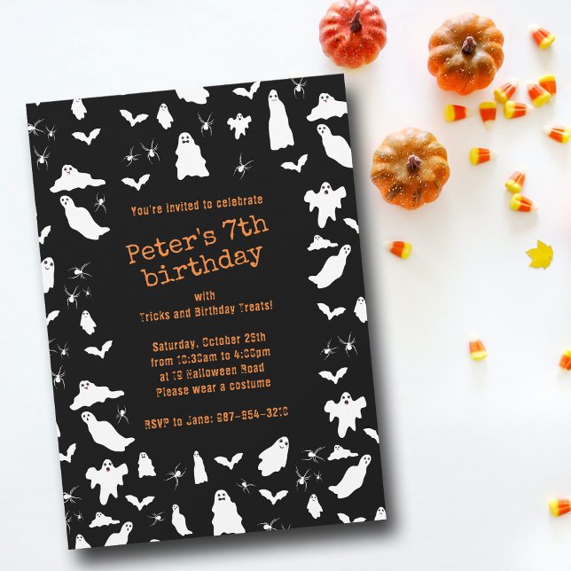 Geburtstag des niedlichen Geisters, der Fledermäus Einladung (Cute Ghost, Bats & Spiders Halloween Birthday Invitation)