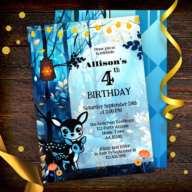 Geburtstag des niedlichen Hirschautokids Einladung (Cute autumn kids birthday party invitation featuring two cute deer in a forest with festive lights)