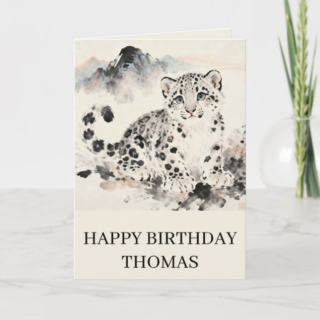 Geburtstag eines adorablen Schneeleoparden Karte (Vorderseite)
