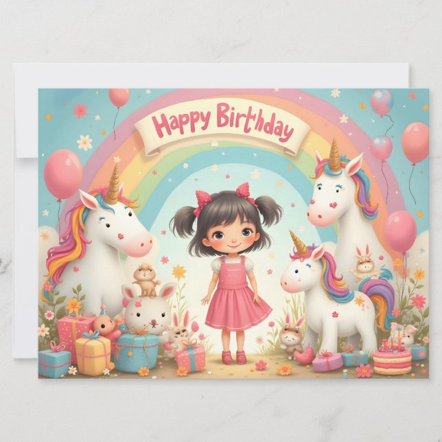 Geburtstag eines Mädchens mit Unicorns & Rainbow (Vorderseite)