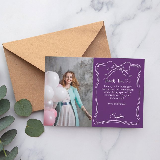 Geburtstag Foto handgeschriebener Bogen lila Dankeskarte (Von Creator hochgeladen)
