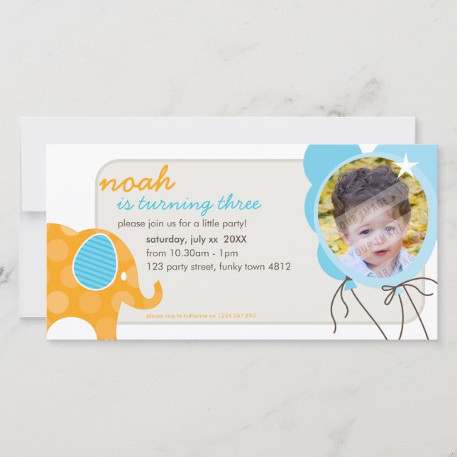 GEBURTSTAG FOTOKARTE: Elefant + Ballone 2 (Vorderseite)