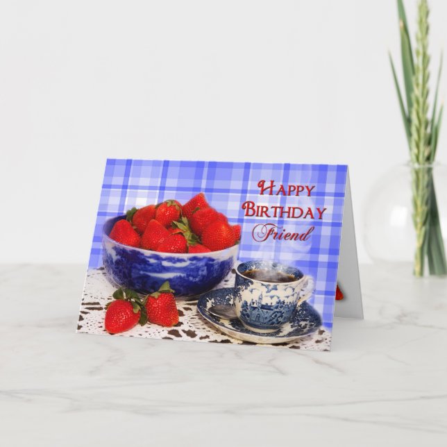 Geburtstag, Freund, Erdbeeren im antiken Teller Karte (Vorderseite)