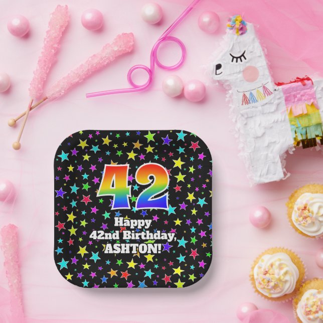 Geburtstag: Fun Stars Muster und Regenbogen "42" Pappteller (Party)