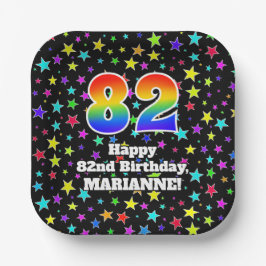 Geburtstag: Fun Stars Muster und Regenbogen "82" Pappteller