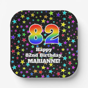 Geburtstag: Fun Stars Muster und Regenbogen "82" Pappteller