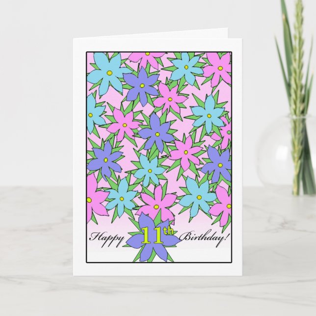 Geburtstag für 11-jähriges Mädchen, Pastel-Blume Karte (Vorderseite)