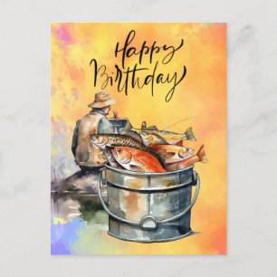 Geburtstag für Angelfreunde mit Wasserfarben Fisch Postkarte