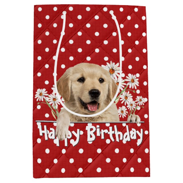 Geburtstag Golden Retriever auf Polka Docks Mittlere Geschenktüte (Vorderseite)