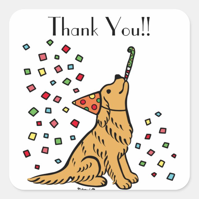 Geburtstag Golden Retriever Cartoon Vielen Dank Quadratischer Aufkleber (Vorderseite)