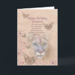Geburtstag, Grandson, Cougar und Schmetterlinge Karte<br><div class="desc">Die stetig grünen Augen eines stumpfen Stachels aus einem Hintergrund von gedämpftem Pfirsich und rosa. Schmetterlinge und Blume schmücken den Bildrand. Mit den im Hintergrund verblassten Hauptbilderteilen ist das Gesamtbild weich und verträumt, was im Gegensatz zur Heftigkeit der großen Katze steht. Dieses Thema der Stärke und Sanftheit wird in das...</div>