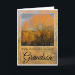 Geburtstag Grandson, Sunkissed Winter Bäume. Karte<br><div class="desc">Happy Birthday Special Grandson,  mit Bäumen im Winter rund um einen See reflektiert gegen orange Sonnenlicht. Im Text heißt es: (Außen)Glückwunsch zum Geburtstag eines ganz besonderen Grandson(Inside) Sie verdienen heute jedes Glück.</div>