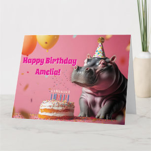 Geburtstag Hippo mit Kuchen und Balloons Karte