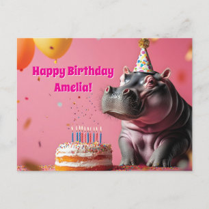 Geburtstag Hippo mit Kuchen und Balloons Postkarte