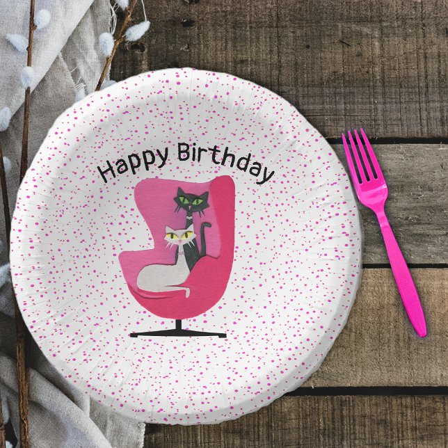 Geburtstag im Mittelalter Stilkatzen Rosa Stuhlpun Pappteller (Elegant cats in mid century style sitting in pink chair on Happy Birthday white with pink dots bowl.)