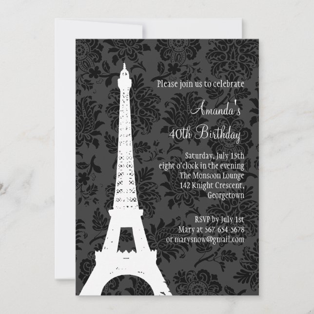 Geburtstag in Paris (schwarz) Einladung (Vorderseite)