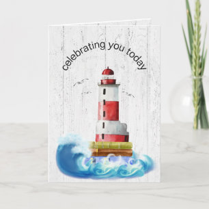 Geburtstag Leuchtturm auf weißem Holz Karte