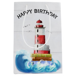Geburtstag Leuchtturm auf weißem Holz Mittlere Geschenktüte