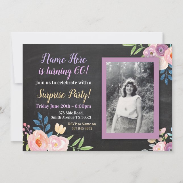 Geburtstag Lila Blume Foto Chalk Einladung (Vorderseite)