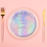 Geburtstag lila Glitzer rosa holografische Bezeich Pappteller<br><div class="desc">Ein gürtnig angesagter,  irisierender Hintergrund mit Einhorn- und Regenbogenpastellfarben in Rosa,  lila,  Rose Gold,  Minzgrün. Dekoriert mit Imitaten Glitzer Staub. Personalisieren und fügen Sie einen Namen und Alter. Das Wort Geburtstag wird mit einem modernen handgeschriebenen Schrift geschrieben.</div>