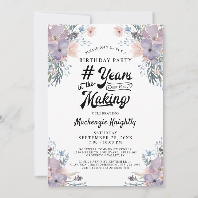 Geburtstag Lilac Floral # JAHRE IM MAKING Einladung (Vorderseite)