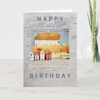 Geburtstag, Meer, Driftwood, Papierhäuser, Strand Karte