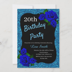 Geburtstag mit blauem Glitter und tiefblauen Rosen Einladung