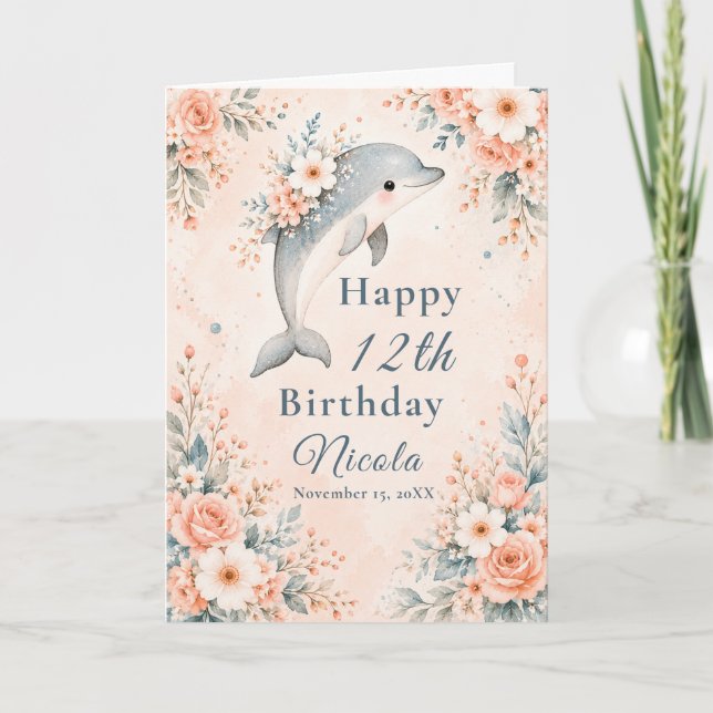Geburtstag mit floralem Delfin Karte (Vorderseite)