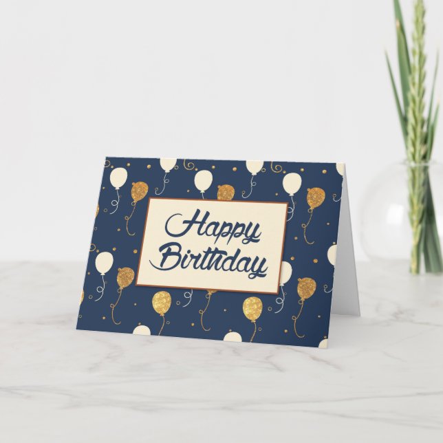 Geburtstag mit Gold Balloons auf Navy Blue Karte (Vorderseite)