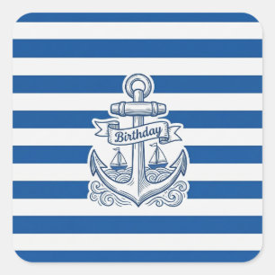 Geburtstag mit nautischen Streifen und Anker Quadratischer Aufkleber