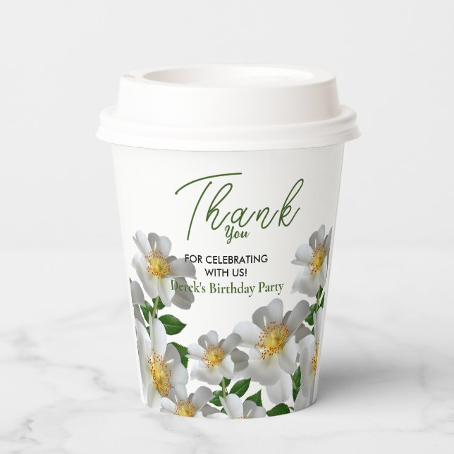 Geburtstag mit weißer Blume Pappbecher (Rückseite)