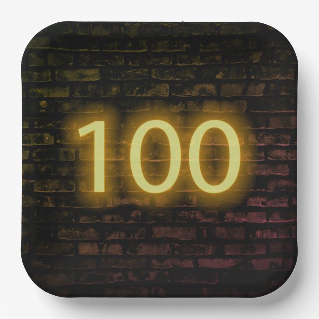 Geburtstag Neon 100 Zeichen auf der Ziegelmauer Pappteller (Vorderseite)