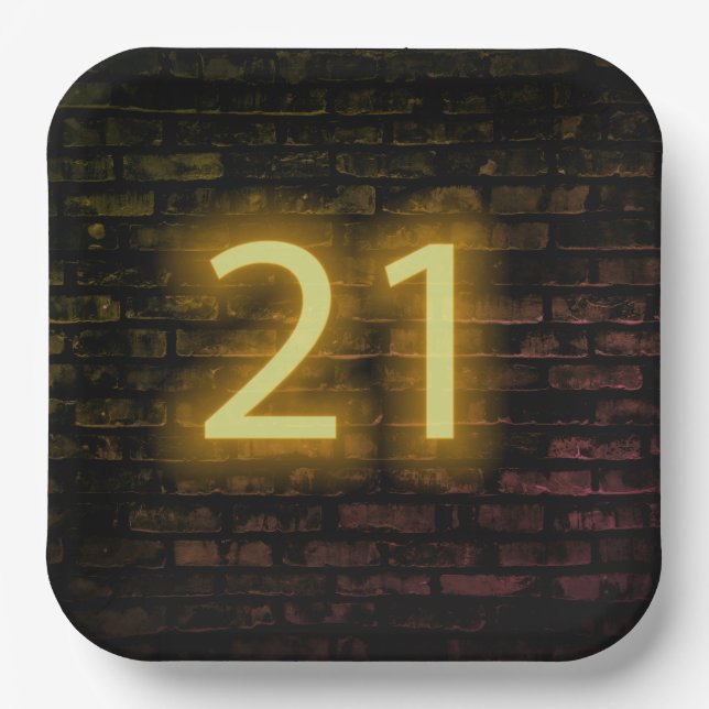 Geburtstag Neon 21 Zeichen auf der Ziegelmauer Pappteller (Vorderseite)